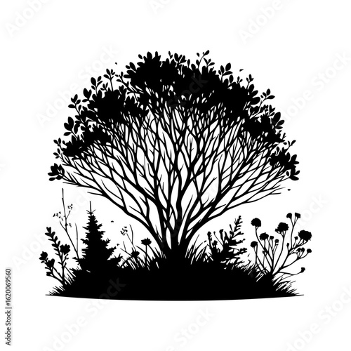 Silhouette of a Lush Tree with Surrounding Flora.