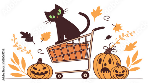 A festive black cat sits atop a shopping cart surrounded by carved pumpkins and autumn leaves embodying the spirit of halloween shopping and seasonal decorations