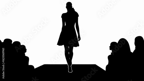 Silhouette of a fashion model walking on a runway in front of an audience in black and white style