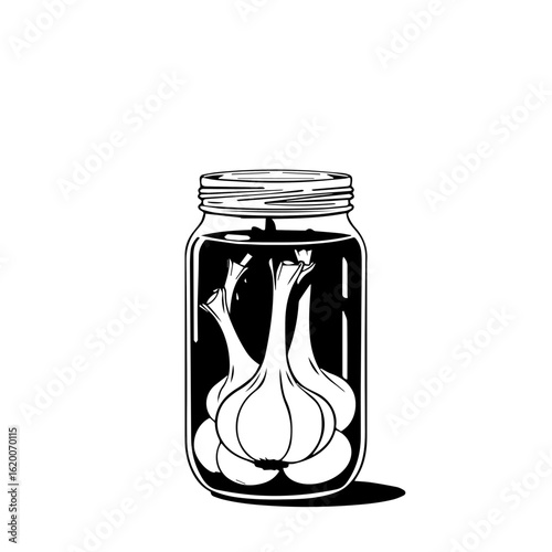 Pickled Garlic Heads Preserved In Glass Mason Jar With Green Brine On White Isolated Background