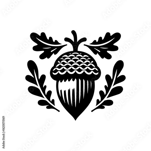 Stylized Black Acorn with Oak Leaves Emblem.