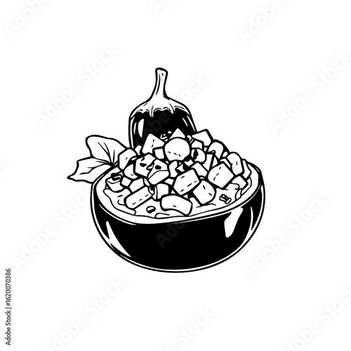 Bowl Of Cubed Bean Curd With Eggplant And Greens Illustrated On White Background