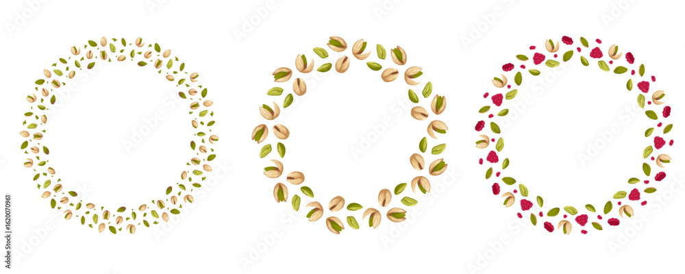 Obraz premium Round wreath with open and closed pistachios, raspberry. Vector set of hand drawn nut and berries frame illustration. Perfect for packaging design, organic branding, nut label and healthy food project