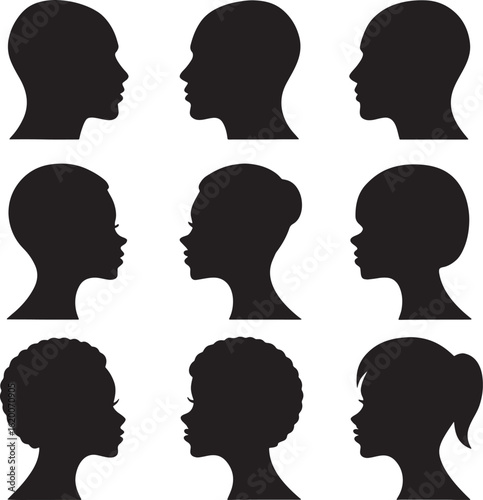 Black human head profiles diverse hairstyles silhouette