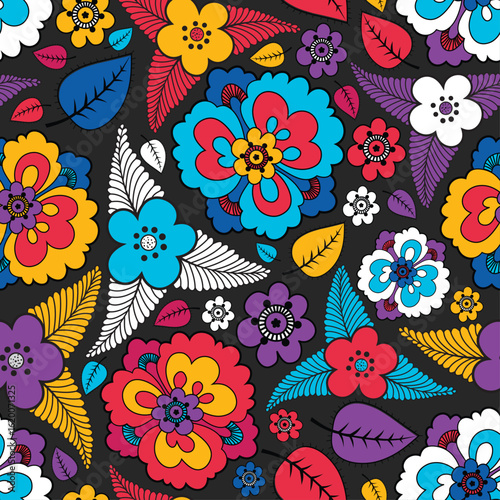 Seamless floral pattern with bright decorative flowers and leaves on a dark background. Colorful retro-style design perfect for textiles and wallpapers.