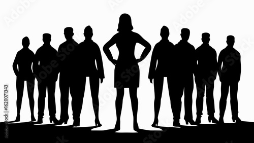 Silhouette of a businesswoman standing in front of a group of people in black and white image style
