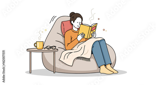 Cozy illustration of a woman enjoying a book and a warm beverage while relaxing in a beanbag chair under a blanket.