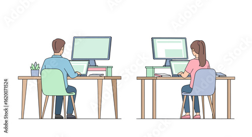 Man and woman working at office desks with computers. Back view of colleagues in a modern workplace environment. Vector illustration.