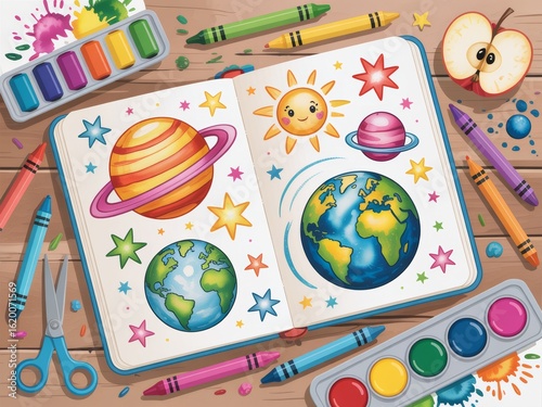 A Top-Down View of a Child's Art Project with Colorful Space Drawings and Supplies