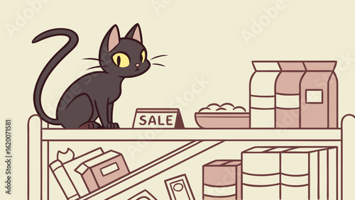 A curious black cat with bright yellow eyes sits on a shelf in a store observing a sale sign and pet food