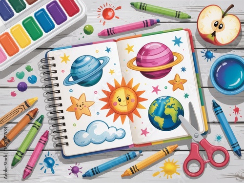 A Charming Flat Lay of a Child's Sketchbook with Cute Planet Drawings and Art Supplies