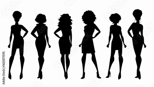 Silhouettes of diverse women in dresses with varying hairstyles standing confidently together fashionably