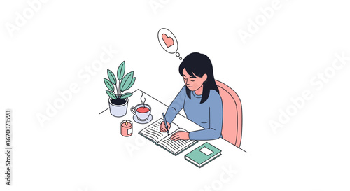 A thoughtful woman writing in her personal diary at a desk with a cup of tea, thinking about love. Concept of journaling and self-reflection.