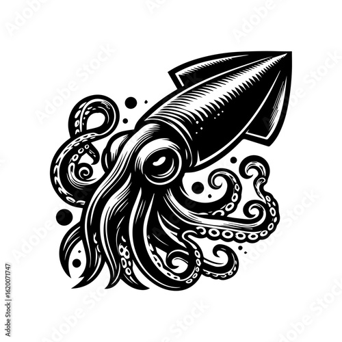 Stylized Black and White Squid Illustration 1.