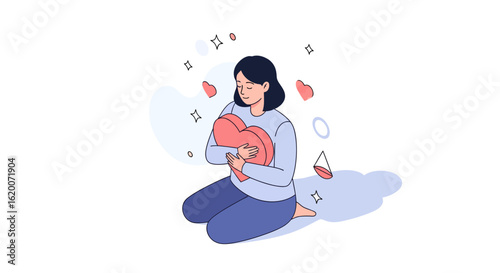 A gentle woman lovingly embraces a large red heart, a beautiful concept of self-love, acceptance, and emotional well-being.