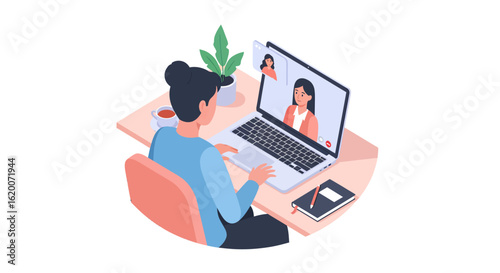 Woman engaged in a video conference call on a laptop. Concept of remote work, online meetings, and digital communication.