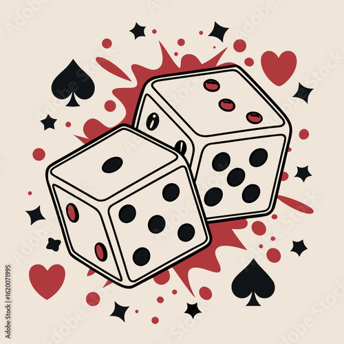 Two retrostyled dice are surrounded by red and black symbols against a beige background