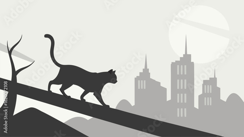 A solitary black cat silhouetted against a pale sky walks along a branch overlooking a minimalist cityscape with a large pale moon