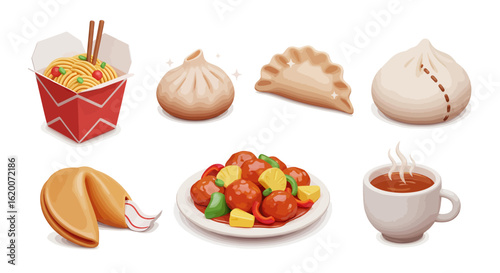 A collection of illustrated Chinese food icons, including takeout noodles, dumplings, sweet and sour dish, and fortune cookies.