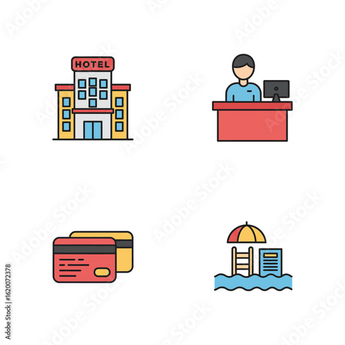 Hotel and Vacation Services Icons Including Reception Payment and Beach Amenities