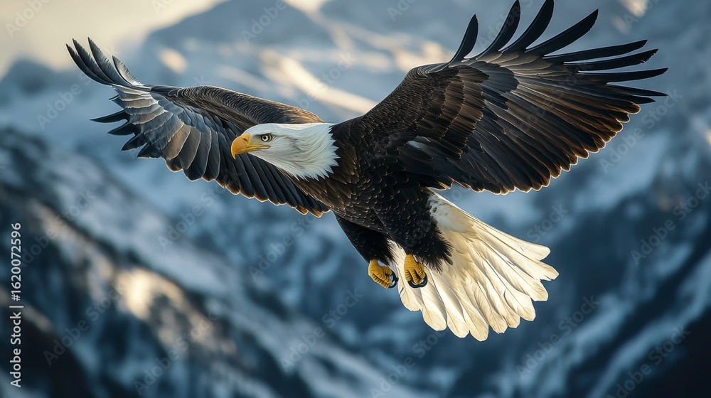 Fototapeta premium Majestic Bald Eagle Soaring Against Mountainous Landscape