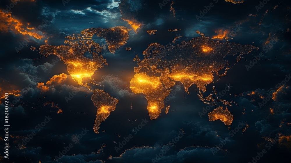 Fototapeta premium Global Map with Illuminated Cities Against Stormy Cloudy Sky