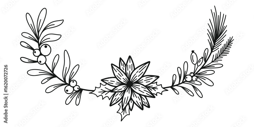 Fototapeta premium Merry Christmas border with mistletoe, fir branches, twigs, holly leaves and berries. Holiday vector illustration. Nature design greeting card template. Winter xmas decoration.