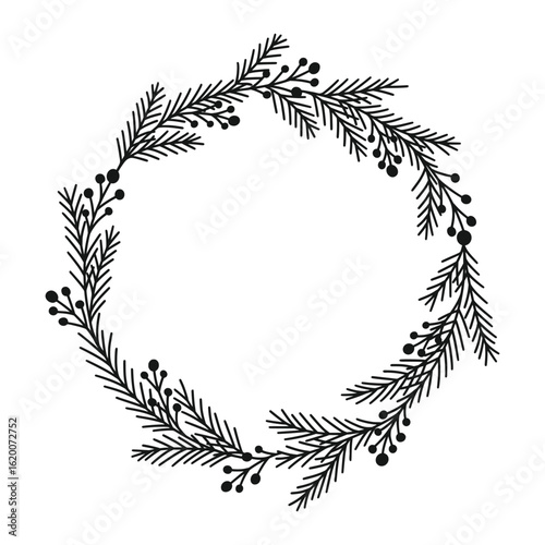 Merry Christmas wreath with fir branches, twigs, holly berries. Holiday circle frame vector illustration. Nature design greeting card template. Winter xmas decoration.