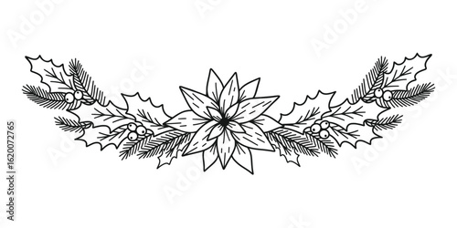 Merry Christmas border with mistletoe, fir branches, twigs, holly leaves and berries. Holiday vector illustration. Nature design greeting card template. Winter xmas decoration.