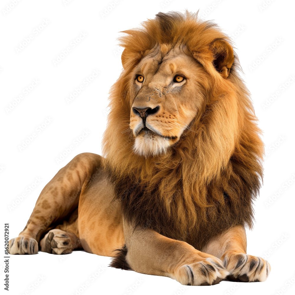 Fototapeta premium Majestic lion, resting, golden-brown fur, alert gaze