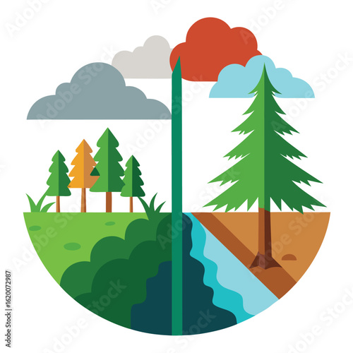 Deforestation Versus Reforestation Split Screen Scene With Environmental Contrast
