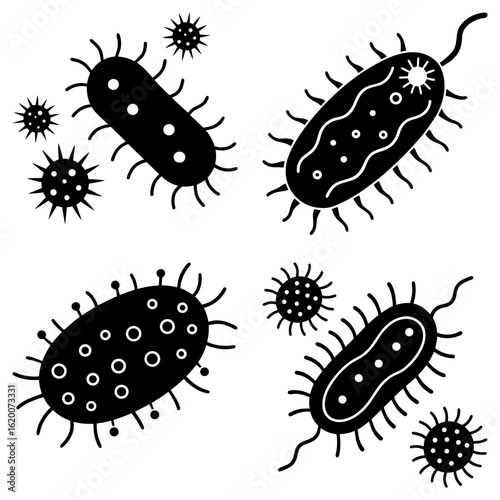 Illustration showing a collection of various bacteria and viruses in black and white monochrome style art