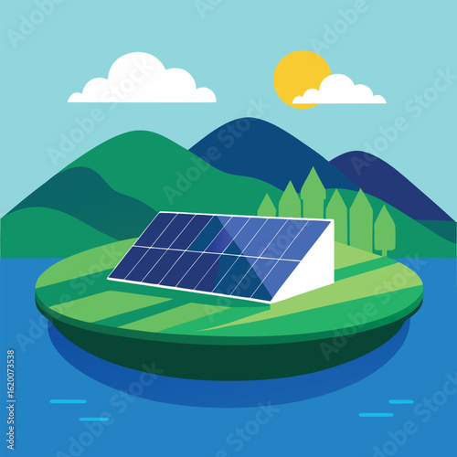 Floating solar panels on water reservoir surrounded by mountains