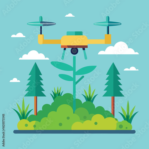Forest regeneration with drone planting trees in deforested land