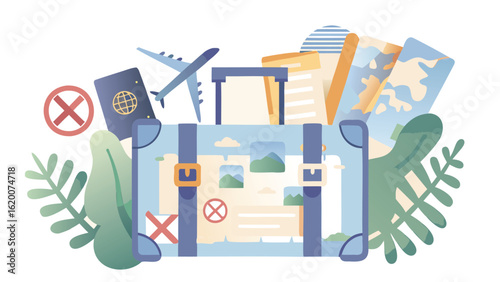 Illustration of suitcase with airplane passport maps and foliage ready for vacation travel planning trip