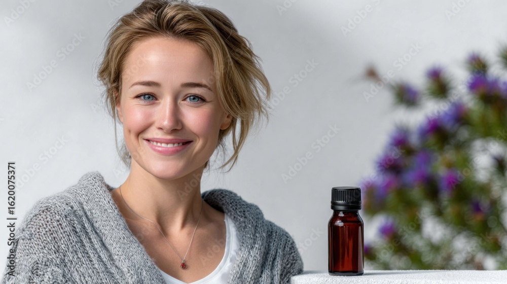 Woman with a warm smile poses beside a small amber bottle of essential oil. She is outdoors in a calm environment with flowers, creating a peaceful and inviting atmosphere Woman with a warm smile poses beside a small amber bottle of essential oil. She is outdoors in a calm environment with flowers, creating a peaceful and inviting atmosphere
