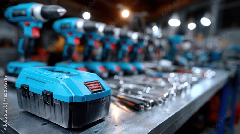 Naklejka premium workspace features a row of power drills and tool kits arranged neatly on a metal table. setup suggests preparation for DIY tasks in the workshop during daytime