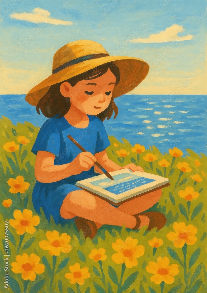 Fototapeta premium Girl painting by ocean flowers.