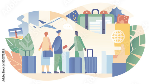 Illustration of people with luggage at an airport with a plane and passport in the background