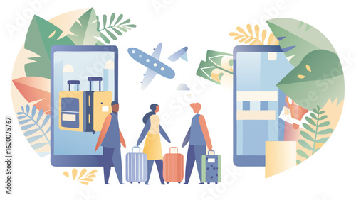 People with luggage standing between phones showing travel booking and money transfer concept art