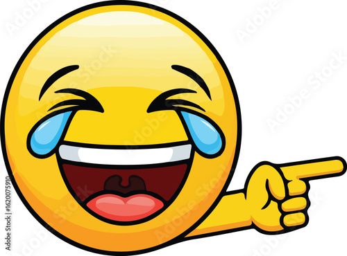 A laughing emoji pointing to the right with tears of joy