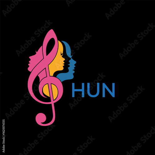Carta da parati HUN Colorful Female Silhouettes with Treble Clef Music Symbol on Black Backgrou
