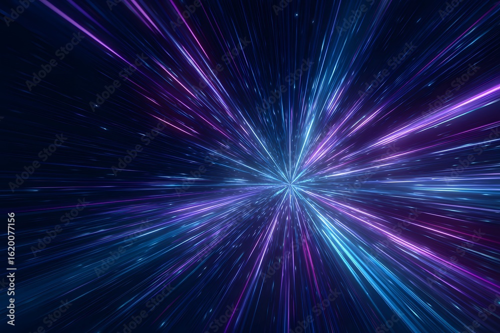 Obraz premium Abstract neon light background with blue and purple rays of energy, conveying a sense of speed and motion in a space tunnel or wormhole effect. 