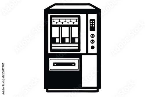 Stylized Black and White Vending Machine Illustration with Buttons and Product Display