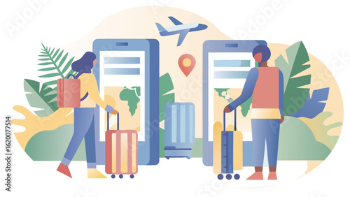 People with luggage using travel apps on phones with airplane and map in background illustration