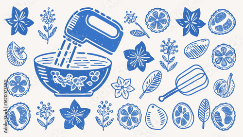 Illustration of a mixer in a bowl surrounded by flowers and fruit in blue ink style design elements