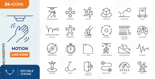 Motion line editable icon set. Containing movement, animation, speed, swing, dynamic, position, acceleration, running, rotation, bounce, motion sensor, and more. Editable stroke. Vector illustration