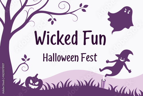 Wicked fun Halloween fest with ghost, witch and jack‑o‑lantern in purple illustration
