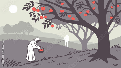 A serene pastoral scene depicts figures gathering ripe apples from a bountiful orchard under a pale luminous moon