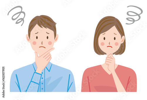 困る若い夫婦のイラスト　上半身　カップル
悩み　考える
